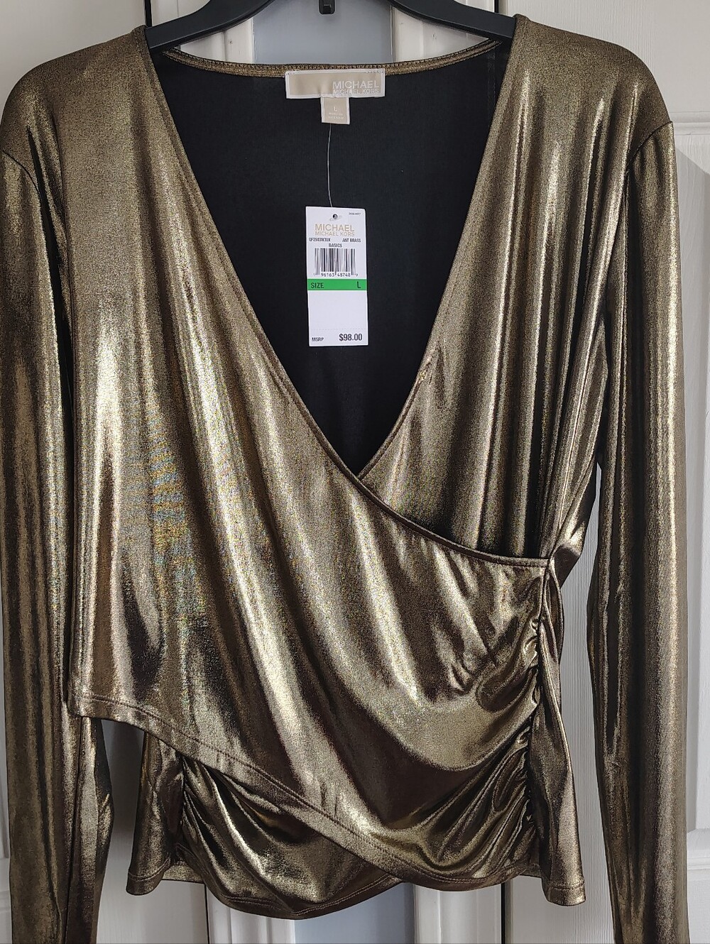 Michael Kors Shiny Metallic Gold Draped Wrap Blouse L